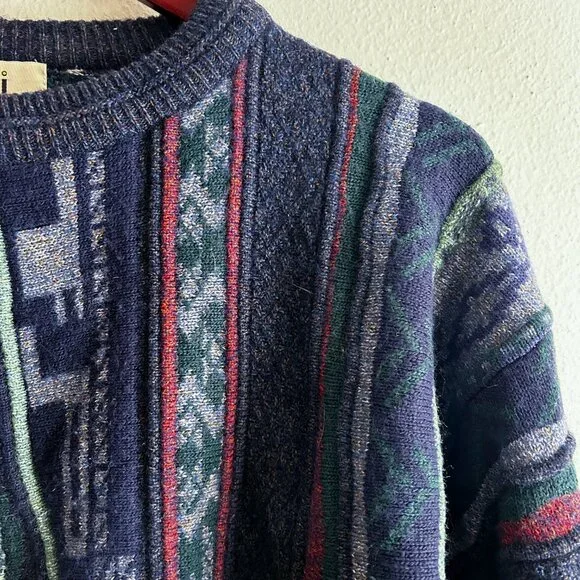VINTAGE FIII 80s/90s Italian Wool 3D textured Jacquard Knit Coogi Style Sweater - Picture 2 of 8